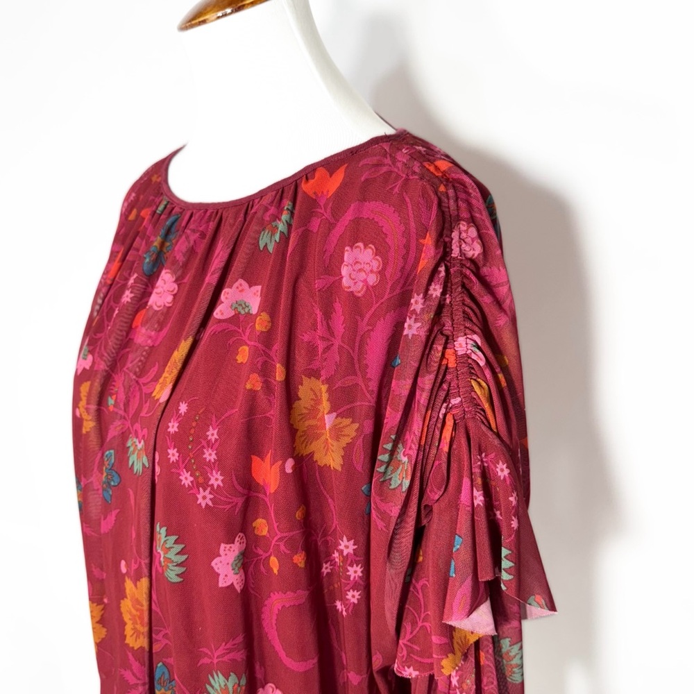 Free People Whimsy Floral Print Berry Pink Ruffled Pleated Draped Blouse XS - Picture 6 of 12